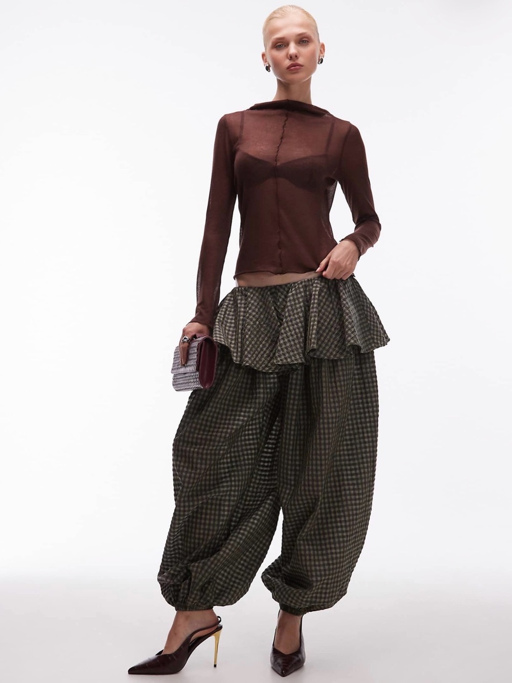ASOS Balloon Pants with Skirt Overlay in Gingham - Picture 1 of 5